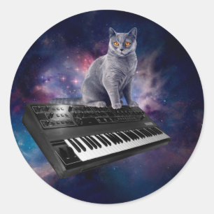 Katze auf Synthesizer im Weltraum Runder Aufkleber