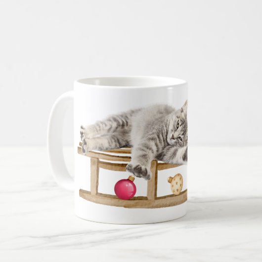 Katze auf Weihnachten Sleigh Kaffeetasse (Vorderseite Links)