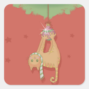Katze auf Weihnachtsball Quadratischer Aufkleber