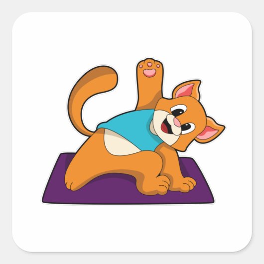 Katze bei Yoga mit Yoga-Matte Quadratischer Aufkleber (Vorderseite)