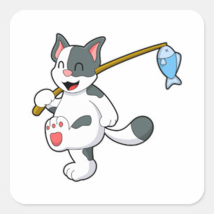Katze beim Angeln mit Angelrute Quadratischer Aufkleber