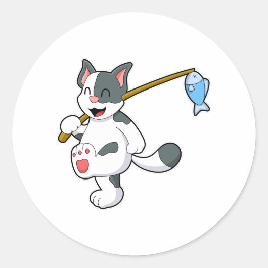 Katze beim Angeln mit Angelrute Runder Aufkleber (Vorderseite)