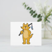 Katze beim Angeln mit Angelstab & Fisch Postkarte (Stehend Vorderseite)