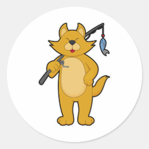 Katze beim Angeln mit Angelstab & Fisch Runder Aufkleber