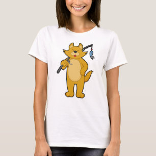 Katze beim Angeln mit Angelstab & Fisch T-Shirt