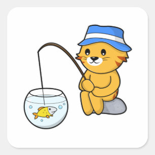Katze beim Fischen mit Fisch aus Glas Quadratischer Aufkleber