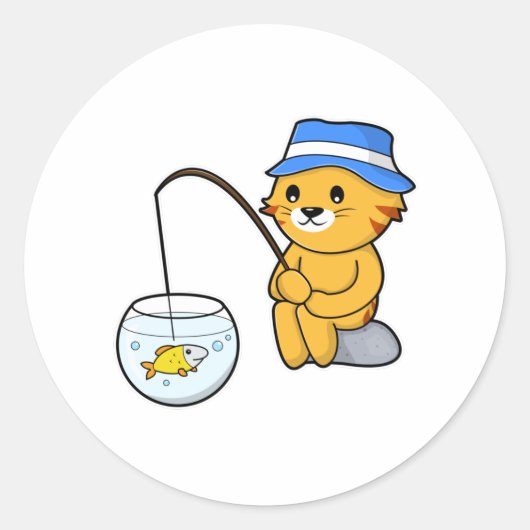 Katze beim Fischen mit Fisch aus Glas Runder Aufkleber (Vorderseite)