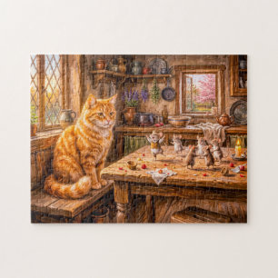Katze beobachtet tanzende Mäuse in der Küche Puzzle