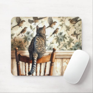 Katze beobachtet Vögel auf Tapete Mousepad