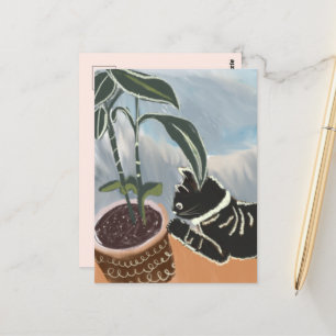 Katze beobachtet Zimmerpflanzen Postkarte