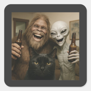 Katze Bigfoot Alien Selfie BFF Lustiges Foto mit U Quadratischer Aufkleber