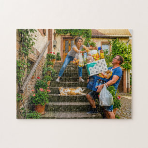 Katze blockiert Treppe während des Einkaufens Puzzle