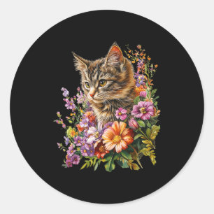 Katze Blumen floral süß Kitten Grafik Runder Aufkleber
