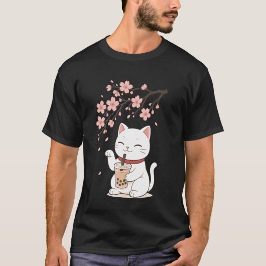 Katze Bubble Tea Kirschblüte T-Shirt (Vorderseite)