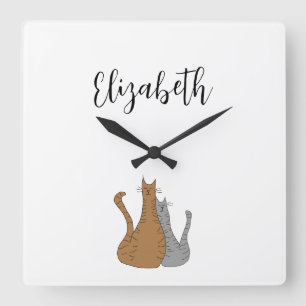 Katze Cartoon Zeichnend Tabby-Kätzchen Kinder Quadratische Wanduhr
