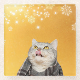 Katze Catchen Schneeflocken Winterglass Untersetze Glasuntersetzer