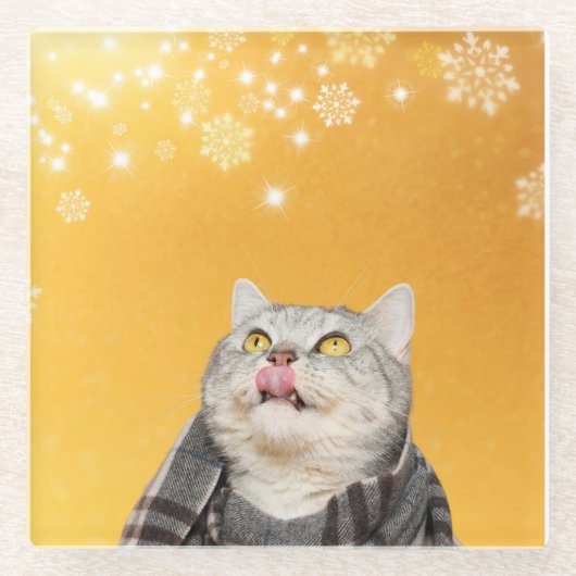 Katze Catchen Schneeflocken Winterglass Untersetze Glasuntersetzer (Vorderseite)