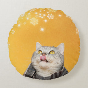 Katze Catching Schneeflocken Winter Round Throw Ki Rundes Kissen
