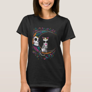 Katze Dia De Los Muertos Zucker-Schädel-Halloween- T-Shirt