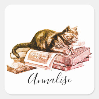 Katze, die auf einem Stapel Bücher liegt Quadratischer Aufkleber
