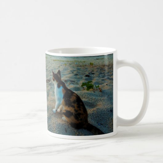 Katze, die auf einem Strand sitzt Kaffeetasse (Rechts)