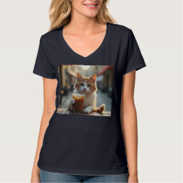 Katze, die auf einer Straße Kaffee trinkt T-Shirt