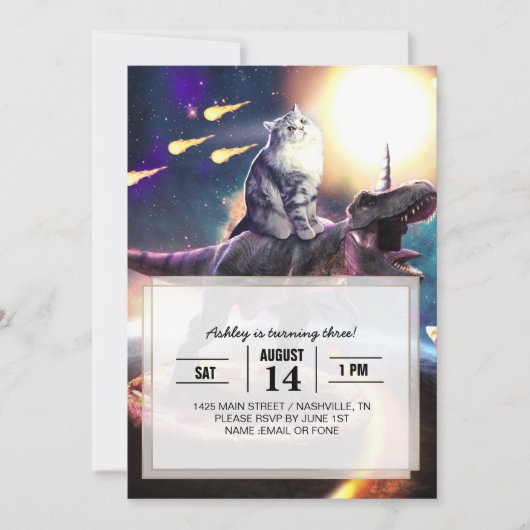 Katze, die Dinosaurier einhorn im Weltraum reiten Einladung (Vorderseite)