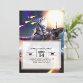 Katze, die Dinosaurier einhorn im Weltraum reiten Einladung (Stehend Vorderseite)