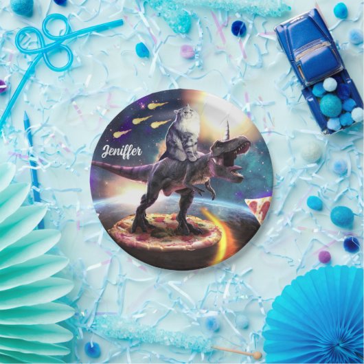 Katze, die Dinosaurier einhorn im Weltraum reiten Pappteller (Party)