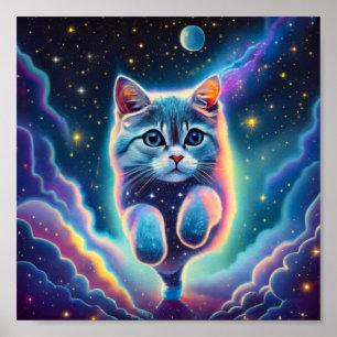 Katze, die durch den Weltraum fliegt Poster
