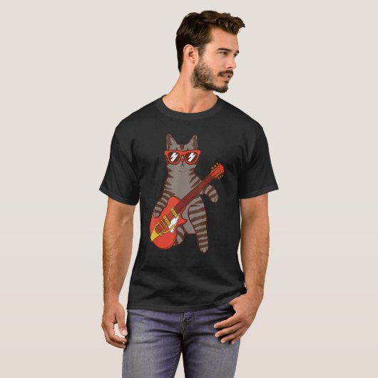 Katze, die eine Sonnenbrille trägt und Gitarre Git T-Shirt (Vorne ganz)