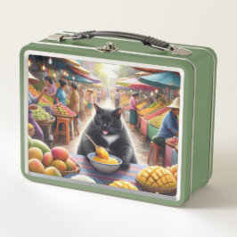 Katze, die Khawneawmamuang in Thailand isst Metall Brotdose