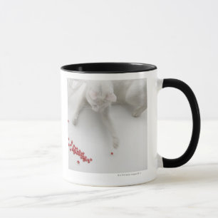 Katze, die mit geformter Süßigkeit des Herzens Tasse