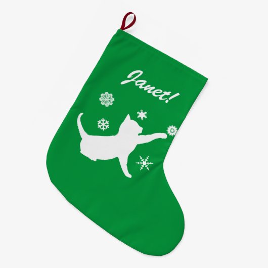 Katze, die mit Schneeflocken in der Silhouette Großer Weihnachtsstrumpf (Vorderansicht (hängend))