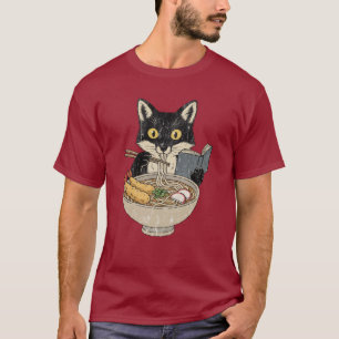 Katze, die Ramen isst und Buch liest T-Shirt