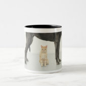 Katze, die unter Deutscher Dogge sitzt Zweifarbige Tasse (Mittel)