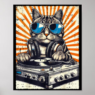 Katze DJ Kopfhörer Plattenspieler Vintage Musik Ed Poster