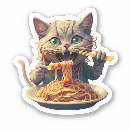 Katze Eating Spaghetti Aufkleber (Vorderseite)