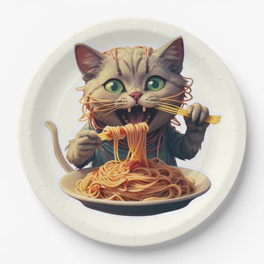 Katze Eating Spaghetti Pappteller (Vorderseite)