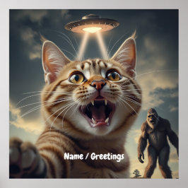 Katze Einnahme von Selfie mit UFO und Bigfoot Funn Poster
