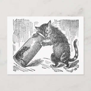 Katze entdeckt Maus in Flasche Postkarte