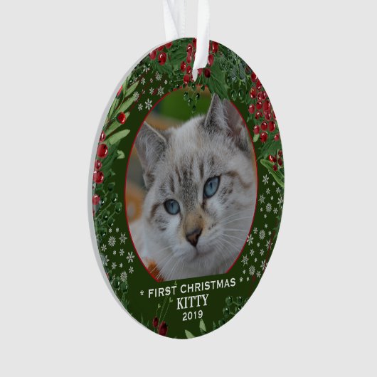 Katze Erste Weihnachtsschneeflocken Foto Ornament (Vorderseite)