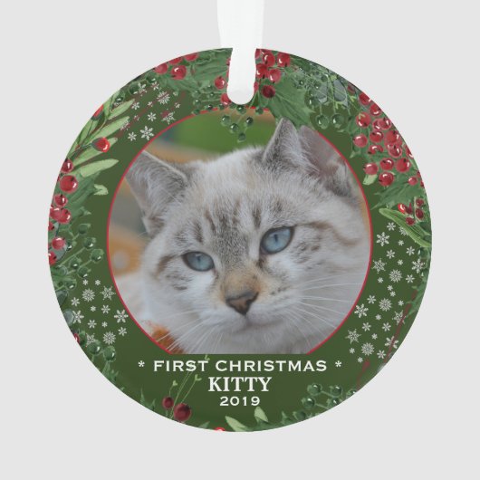 Katze Erste Weihnachtsschneeflocken Foto Ornament (Rückseite)