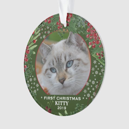 Katze Erste Weihnachtsschneeflocken Foto Ornament (Vorderseite)