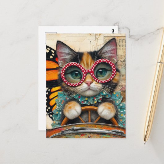 Katze fährt Auto Postkarte (Vorderseite/Rückseite Beispiel)