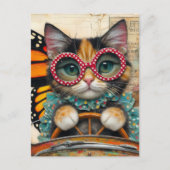 Katze fährt Auto Postkarte (Vorderseite)