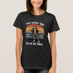 Katze fährt klassisches Auto Retro-Sonnenuntergang T-Shirt
