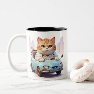 Katze Fett Auto mit einer Kaffeetasse