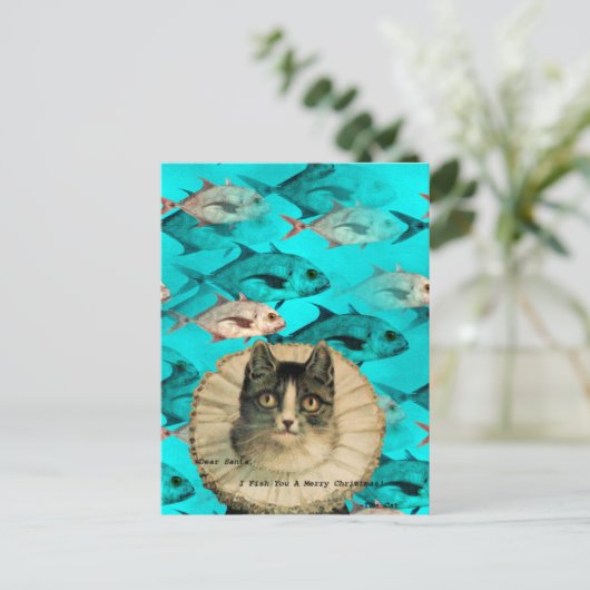 Katze Fisch Sie digitale Collage Postkarte (Stehend Vorderseite)