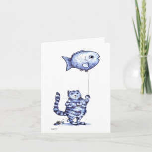 Katze fliegt Fisch Grußkarte zur Genesung Karte
